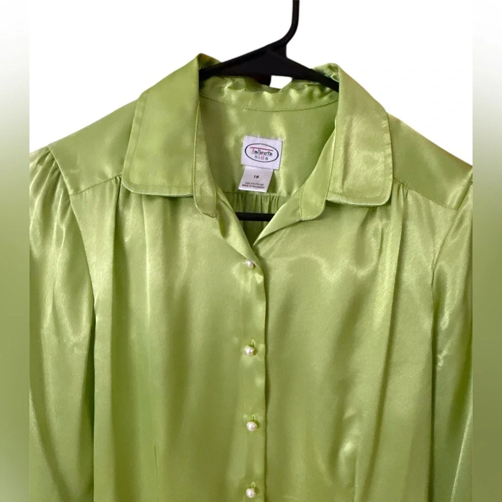 Talbots Kids Girls Satin Blouse Size 16 Green Pearl Button‎ Classic Dressy Top